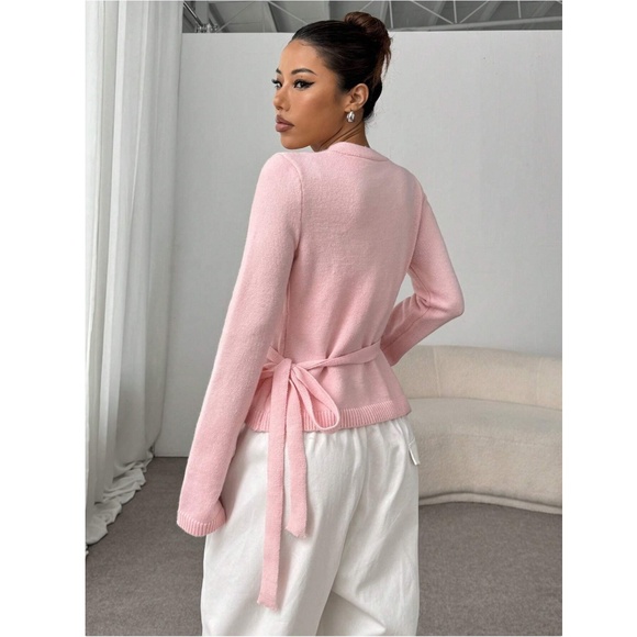 Pink Wrap Tie Side Cardigan Long Sleeve V-Neck - Picture 5 of 9